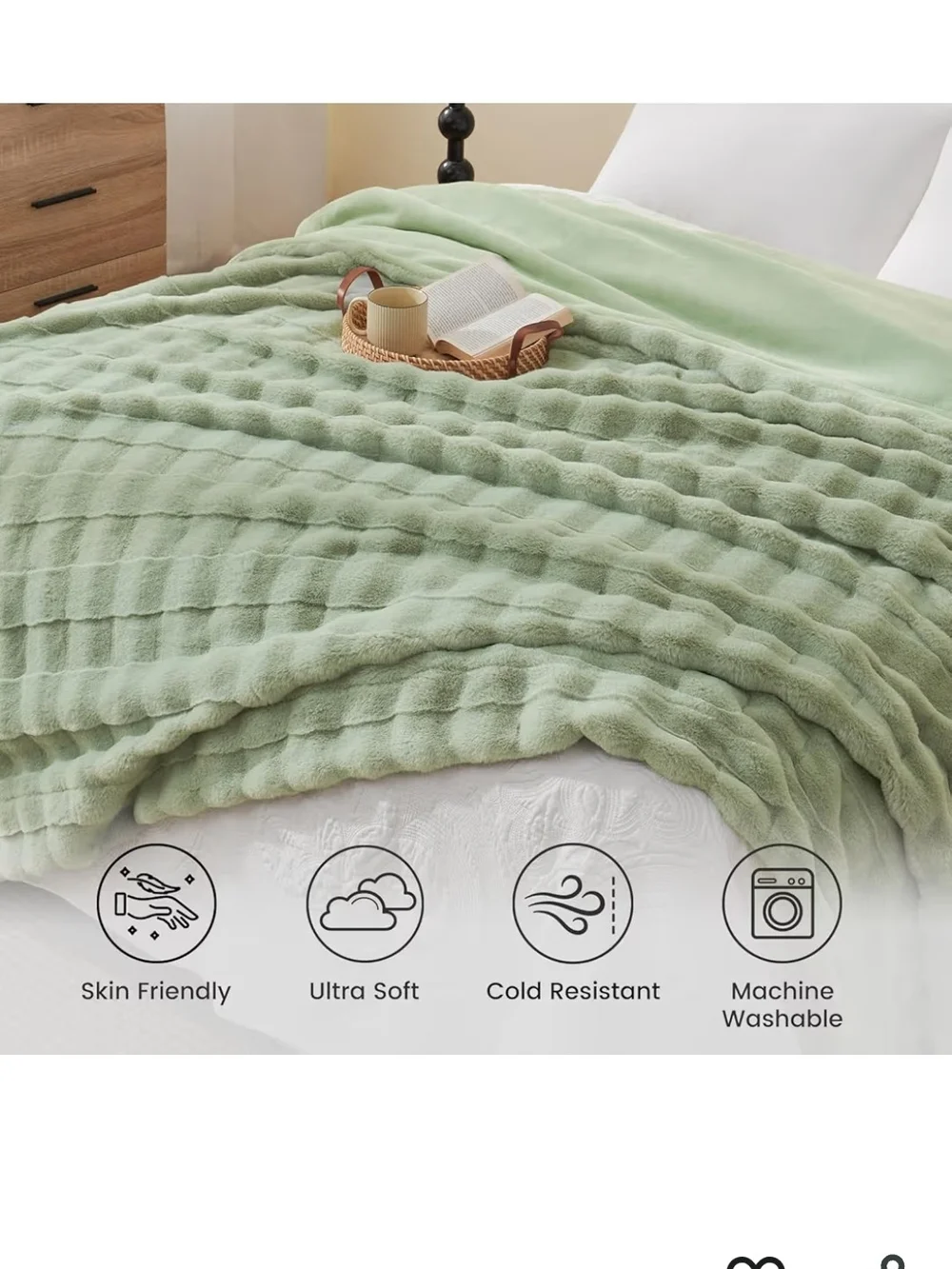 Faux Fur Throw Blanket in Sage Green by